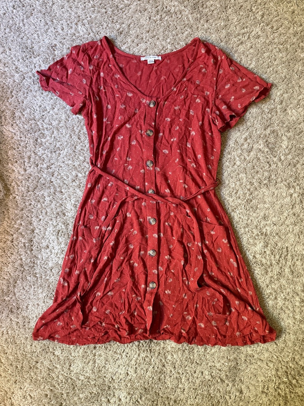 American Eagle Outfitters Red Button-Front Mini Babydoll Dress with Tie